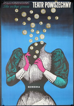 a poster with a person holding coins
