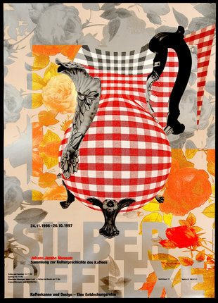 a poster with a red and white checkered pitcher and flowers
