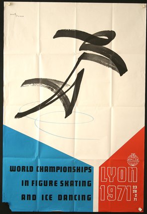 a poster with a black and red and blue design