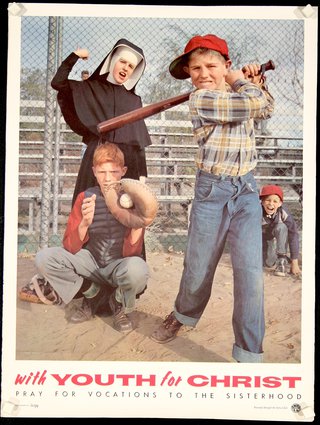 a poster of a nun holding a baseball bat and a boy