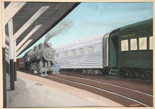 a painting of a train at a station