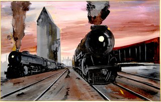 a painting of a train going down the tracks
