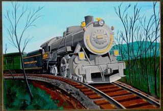 a painting of a train on the tracks