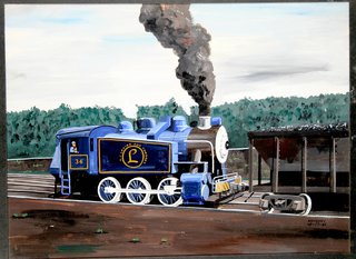 a blue train on tracks with smoke coming out of the smokestack