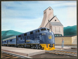 a painting of a train on tracks