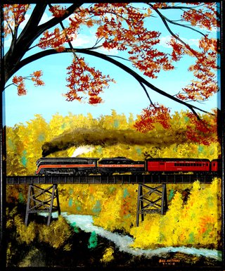 a painting of a train on a bridge