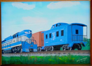 a painting of a train on tracks