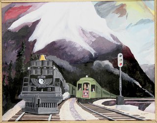 a painting of a train going through a mountain