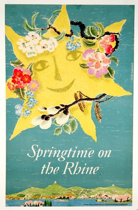 a poster with a sun and flowers