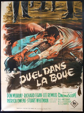 a movie poster of a man falling on another man