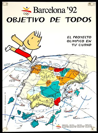 a poster with a cartoon character jumping over a map