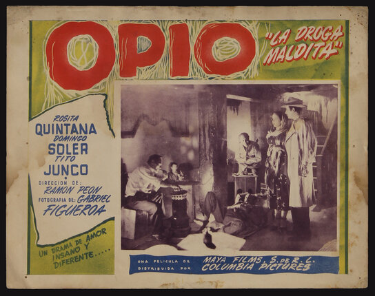 movie poster with a film still of people standing in a room and one man lying down smoking opium