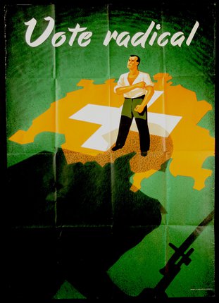 a poster of a man standing on a map