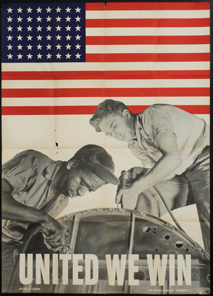 a poster of men working on a piece of metal