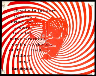 a red and white poster with a face and spirals