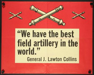 a red and white poster with black text and crossed cannons
