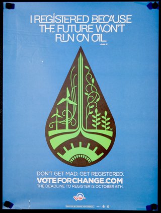 a blue poster with a green and brown design