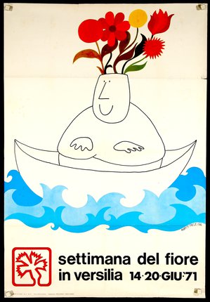 a poster of a man in a boat with flowers