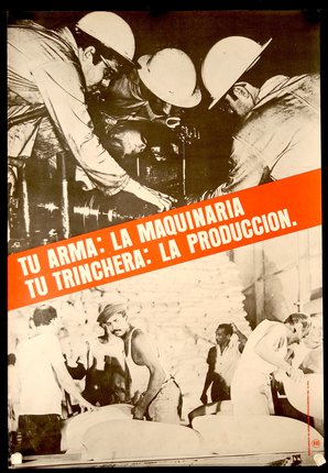 a poster with men working on a factory