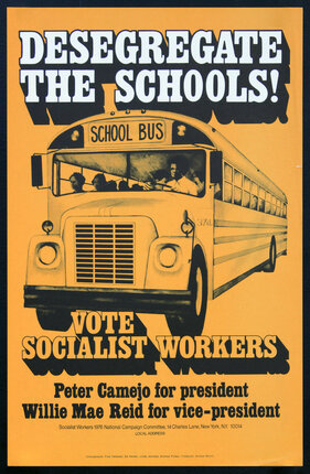 a poster with people on a school bus