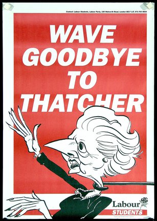 a red and white poster with a cartoon of a woman waving