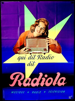 a poster of a woman holding a radio