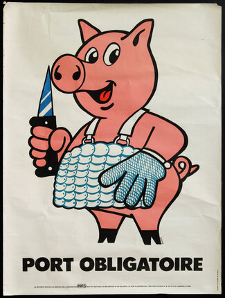 a poster of a pig holding a knife