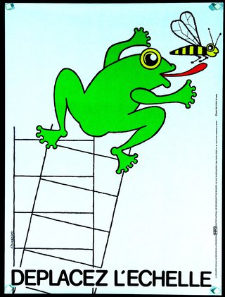 a green frog on a ladder with a bee