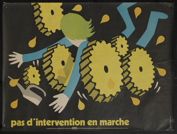 a poster with a person falling into gears