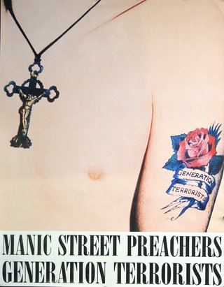 a poster of a man with a cross and a tattoo on his arm