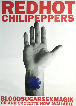 a poster with a hand and a blue symbol on it