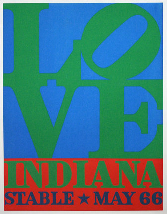 a poster with the word love in green on a blue background