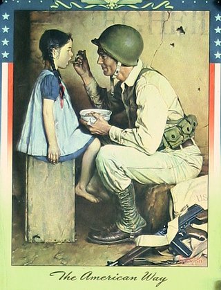 a man in military uniform giving a girl a bowl of food
