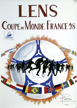 a poster with a football ball and flags around it