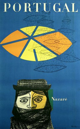 a poster with a face and a yellow and blue background