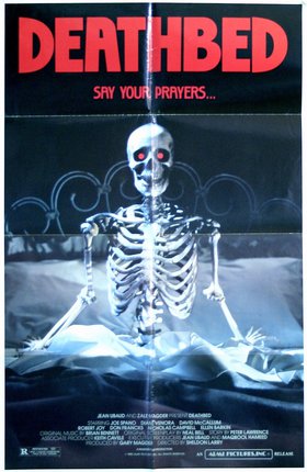 a poster of a skeleton sitting on a bed