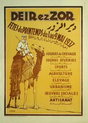 a poster with a camel and a man riding a camel