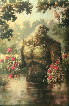 a painting of a green creature holding flowers
