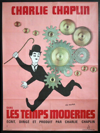 a poster with a man running with gears