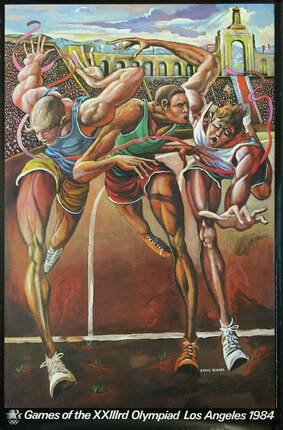 a painting of a group of men running