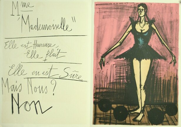 a drawing of a woman in a dress and a note