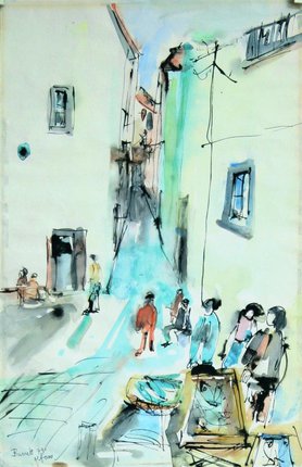 a drawing of people sitting on a street