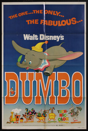 movie poster with a cartoon elephant flying with his ears as wings 
