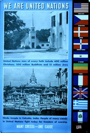 a poster with a picture of a church and a flag
