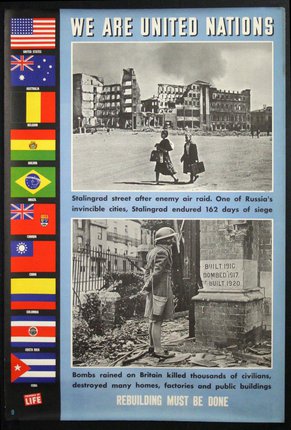 a poster with flags and a couple of men walking