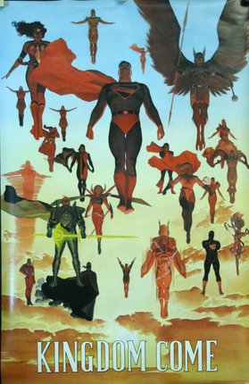 a poster of superheroes flying in the sky