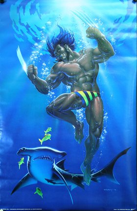 a poster of a muscular man in a swimsuit