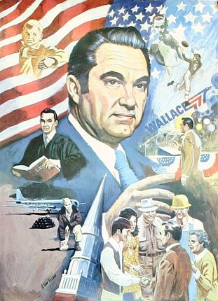 a poster of a man with a flag and people