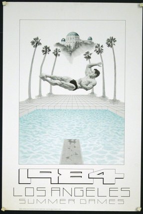 a poster of a man diving into a pool