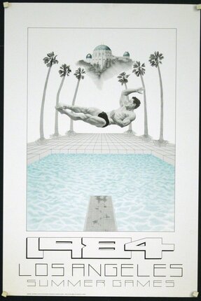 a poster of a man diving into a pool